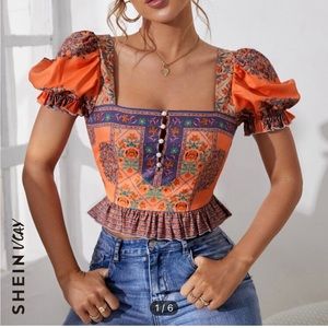 SHEIN VCAY Floral Print Puff Sleeve Button Front Ruffle Hem Blouse - XS